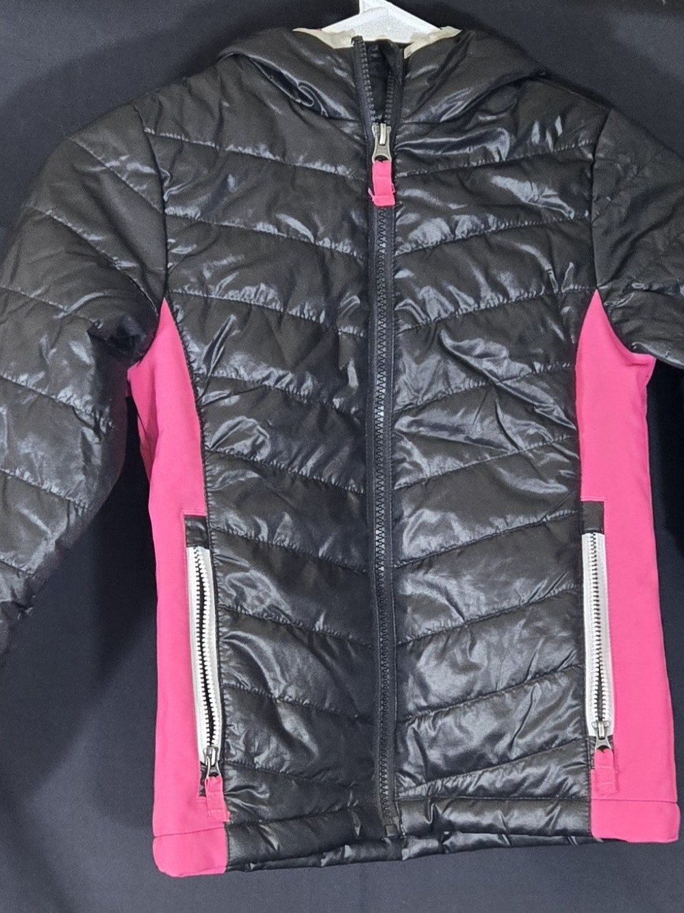 Faded Glory Black Quilted Hooded Jacket with Pink Side Panels #409